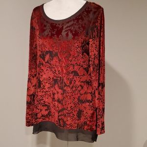 Fade long sleeve red and black velvet boho blouse, M, sheer